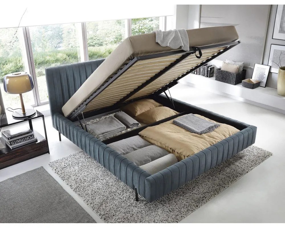 Синьо двойно тапицирано легло с място за съхранение и включена подматрачна рамка 160x200 cm Plissa – ELTAP