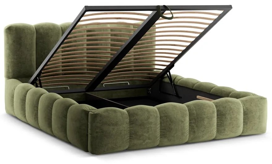 Зелено тапицирано двойно легло с място за съхранение с включена подматрачна рамка 200x200 cm Lupine – Micadoni Home