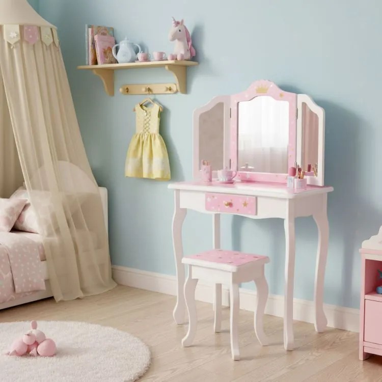 Детска козметична масичка с тройно огледало и табуретка
