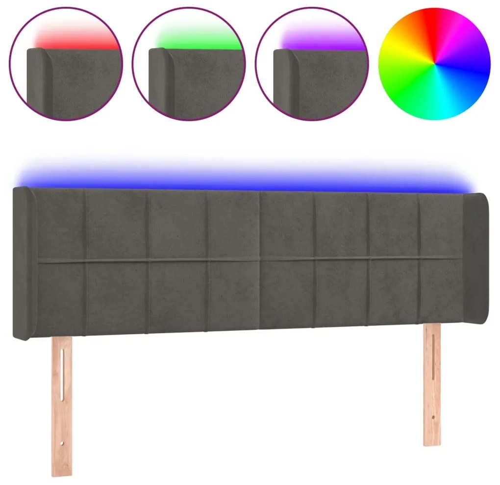 3123285 vidaXL LED горна табла за легло, тъмносива, 147x16x78/88 см, кадифе