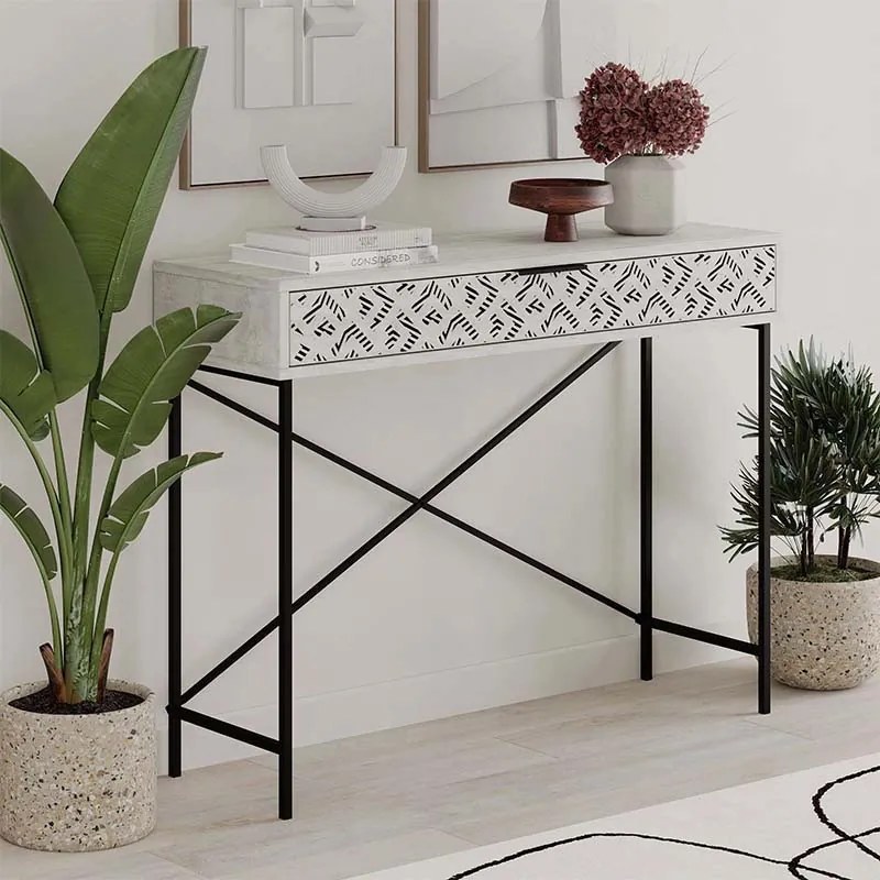 Конзола Heaton от метал и меламин в цвят античен бял 110x35,6x90см.
