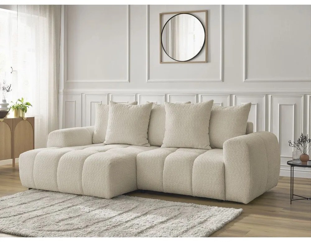 Бежов сгъваем/с място за съхранение ъглов диван от прежда с примки от букле (ляв ъгъл) Roxelane – Bobochic Paris