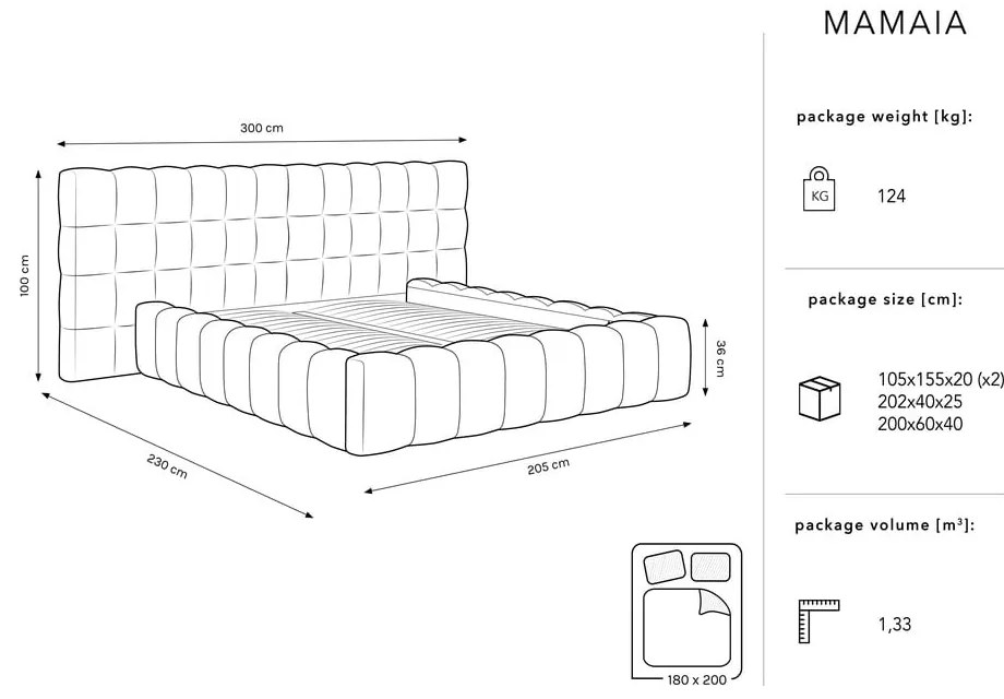 Кремаво тапицирано двойно легло с място за съхранение с включена подматрачна рамка 180x200 cm Mamaia – Micadoni Home