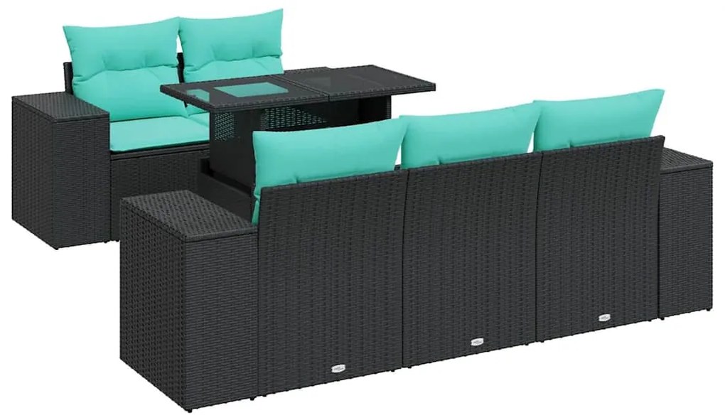 3326728 vidaXL Градински диван с възглавници, 6 части, черен полиратан, акация