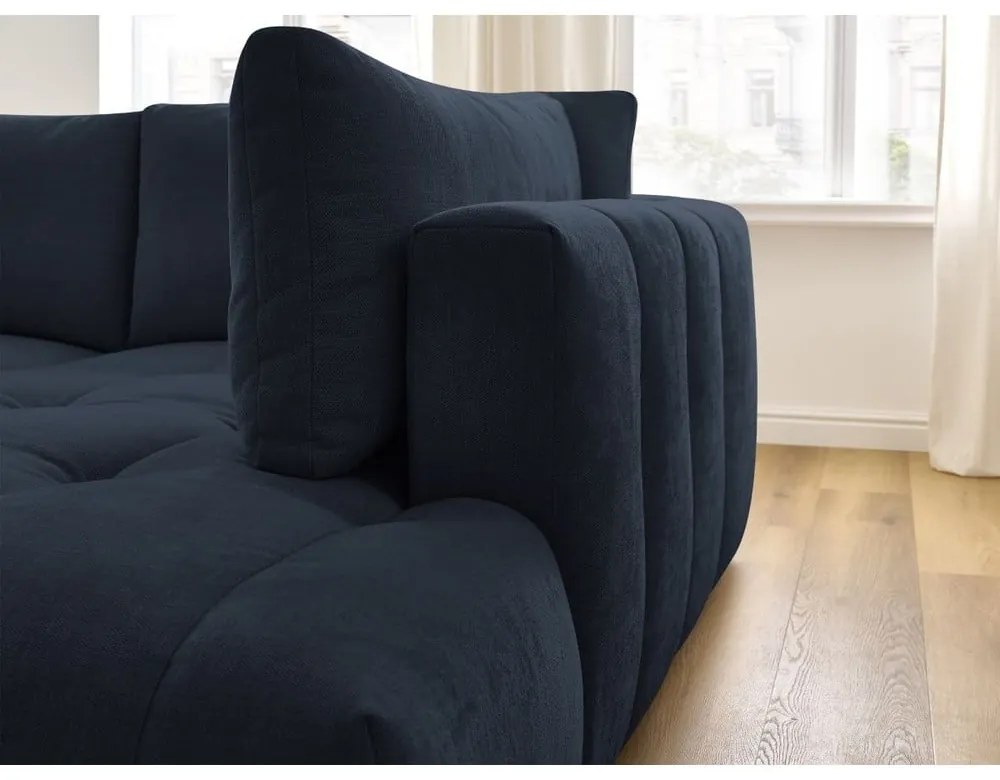 Тъмносин сгъваем/с място за съхранение ъглов диван (десен ъгъл/L форма) Fuji – Bobochic Paris