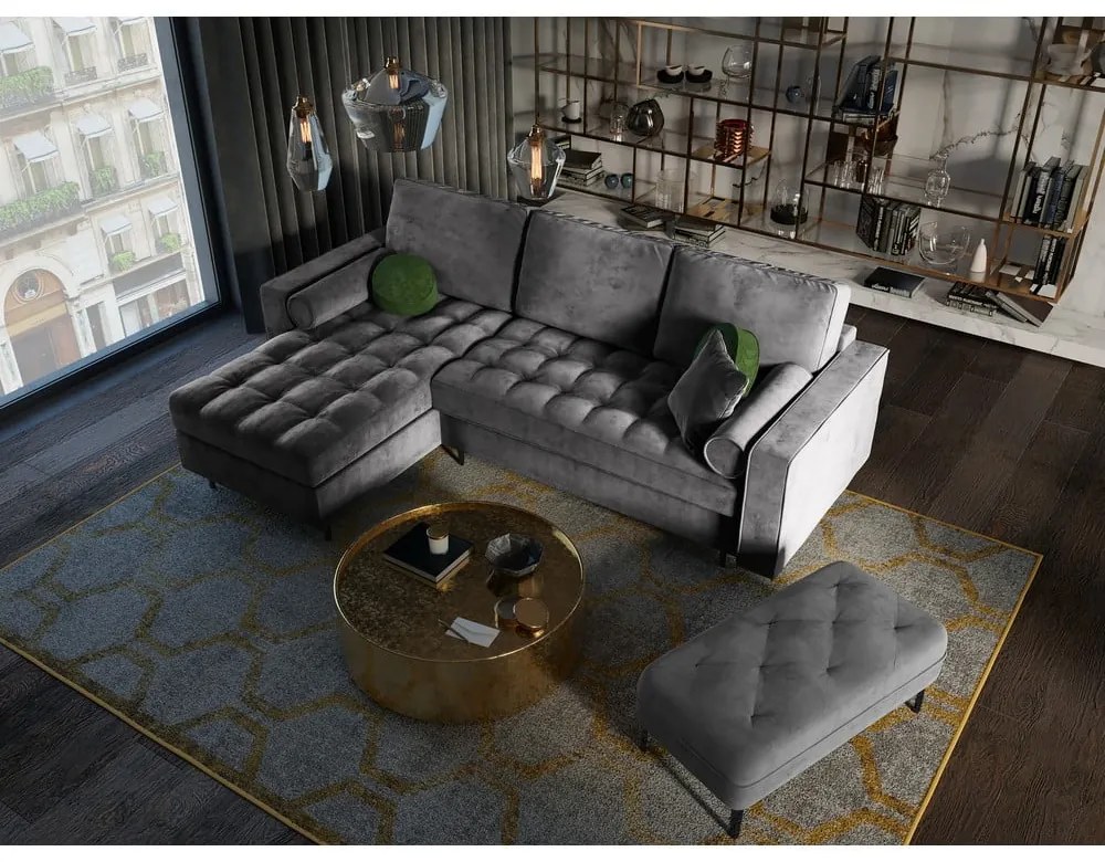 Тъмно сиво кадифено ъглово канапе , ляв ъгъл Santo - Milo Casa