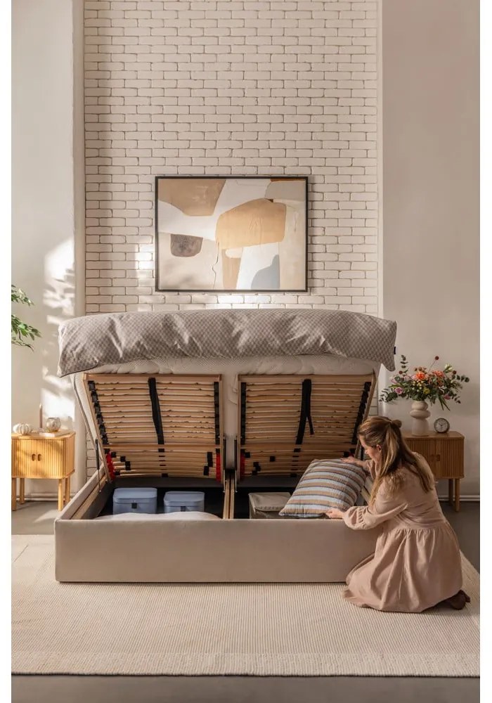 Бежово тапицирано двойно легло с място за съхранение и матрак с решетка 160x200 cm Thessa Pillow - Bonami Selection