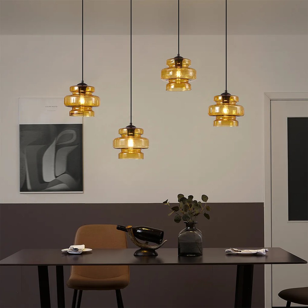 Ретро висяща лампа черна с оранжево стъкло 4 светлини - Denise