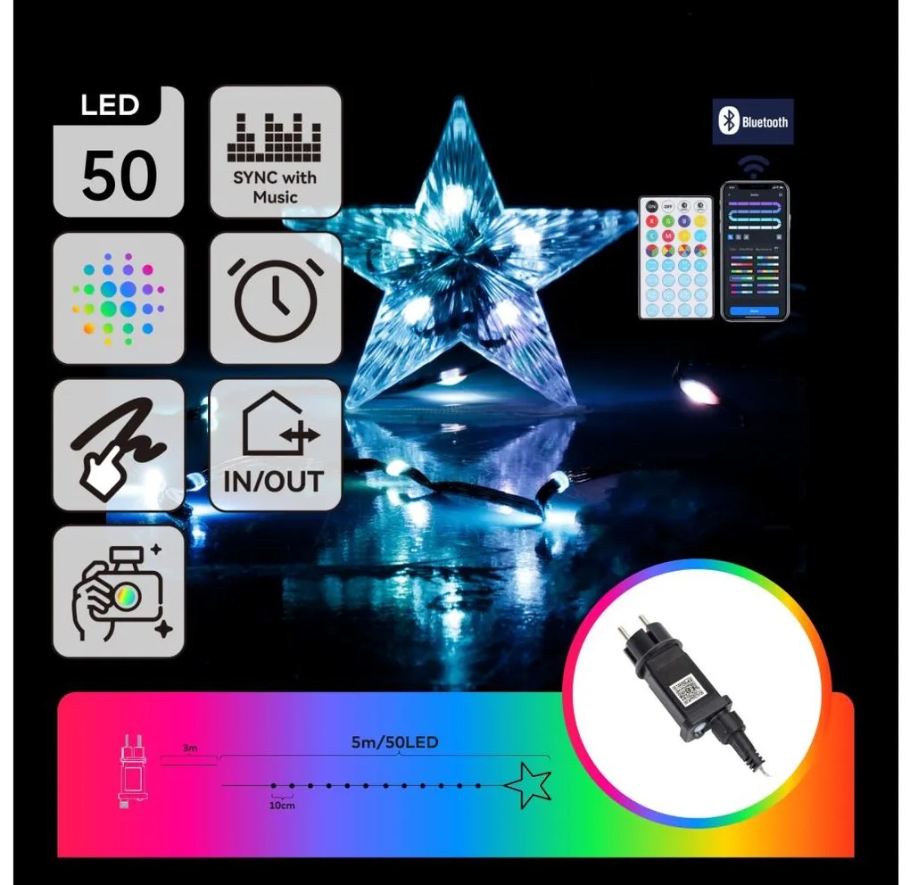 Aigostar - LED RGBICW Външна коледна светлинна верига 50xLED/10W/230V 5m IP44 + с дистанционно управление