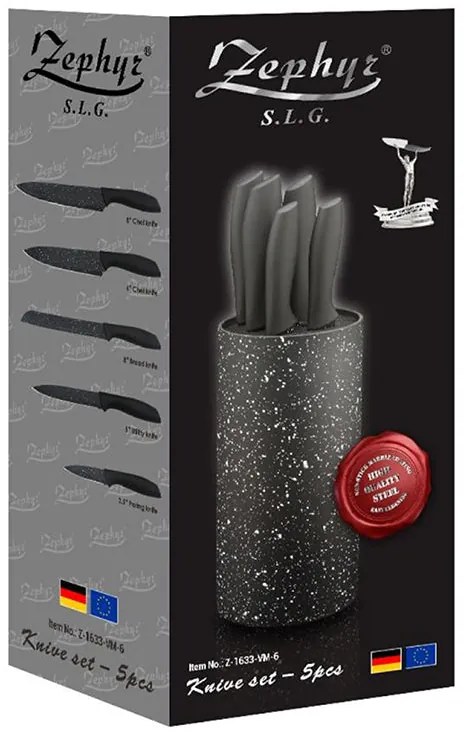 Комплект ножове с поставка ZEPHYR ZP 1633 VM6, 6 части, Мраморно покритие, Черен