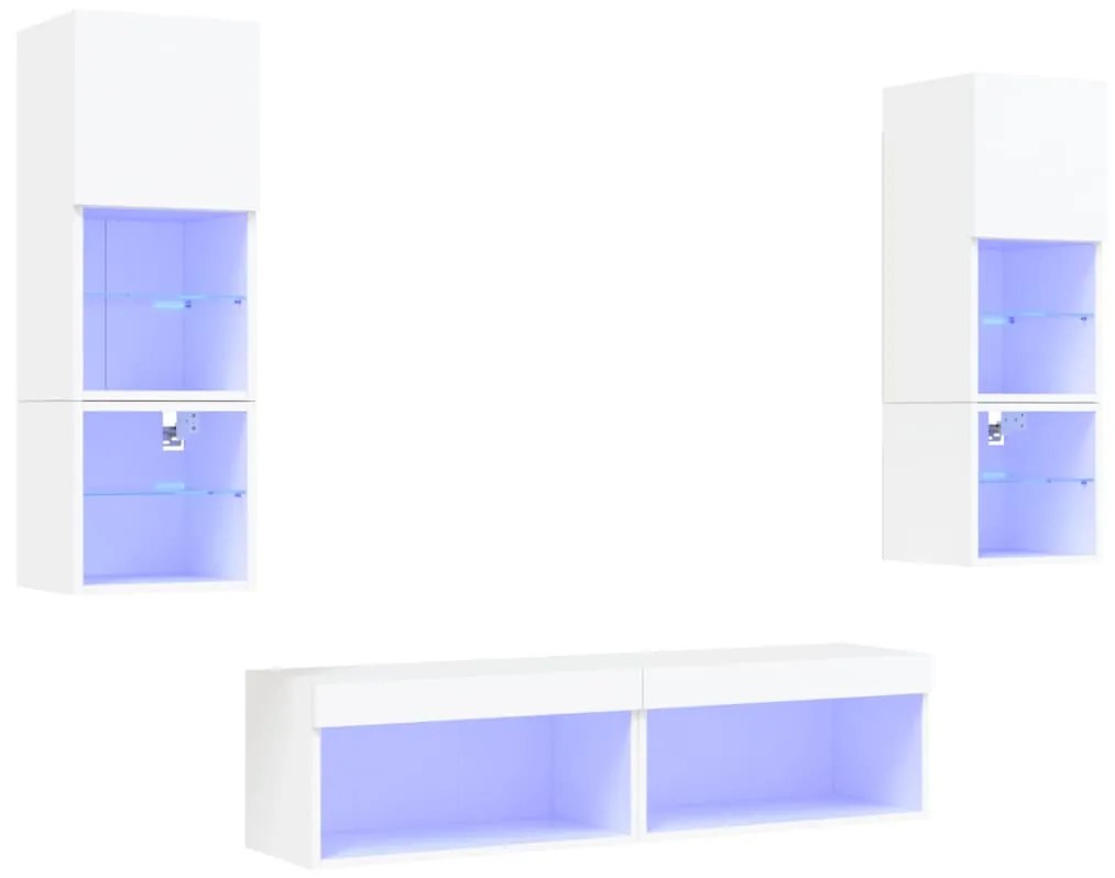 3216615 vidaXL ТВ стенни модули с LED, 6 части, бели, инженерно дърво