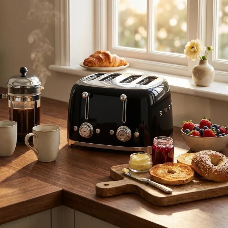 Тостер за хляб SMEG 50's Style TSF03BLEU, 2000W, 4 филии, 6 нива, Тавичка за трохи, Вграден кабел, Неръждаема стомана, Черен