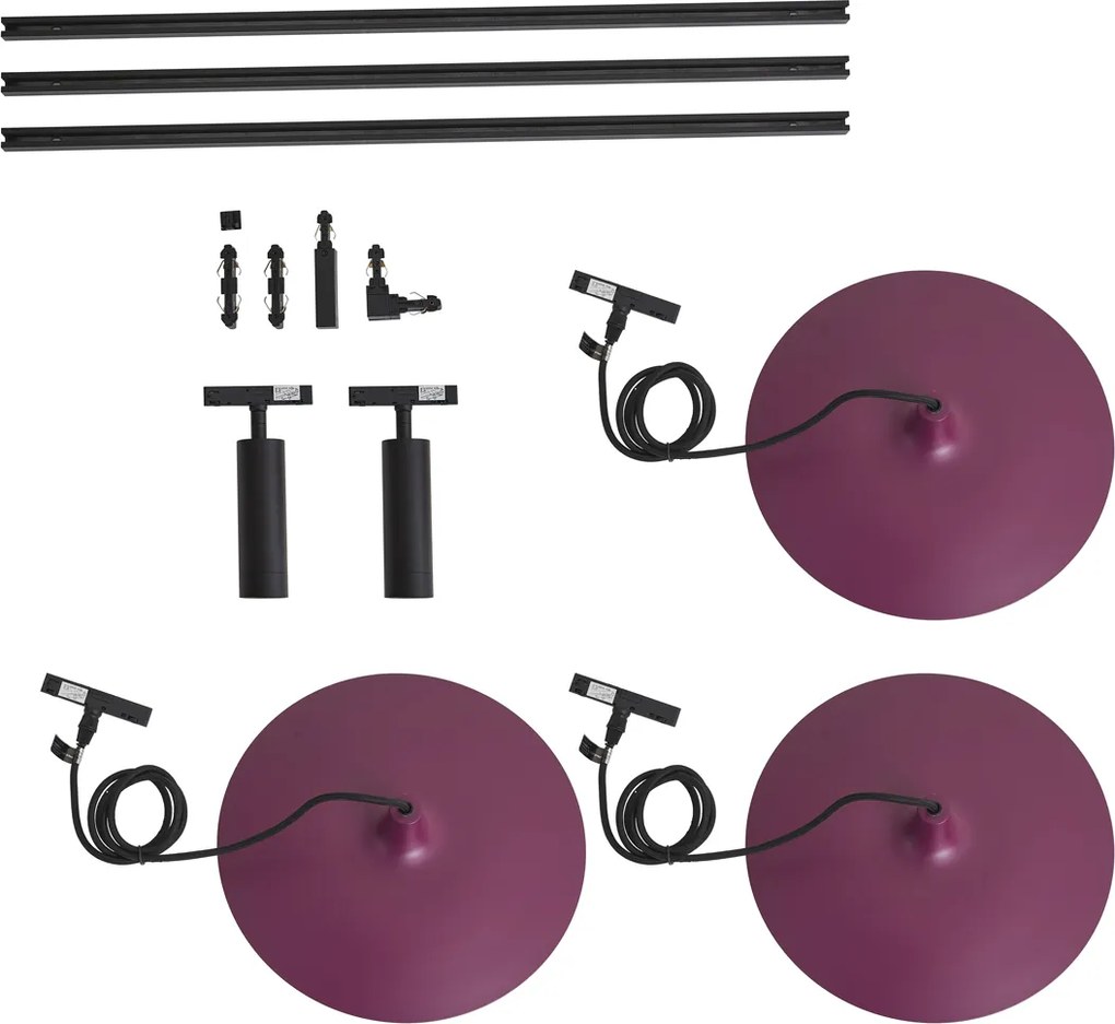 Модерна релсова осветителна система черна с 2 прожектора и 3 висящи лампи лилави 1-фазна - Slimline Uzzy Panzi