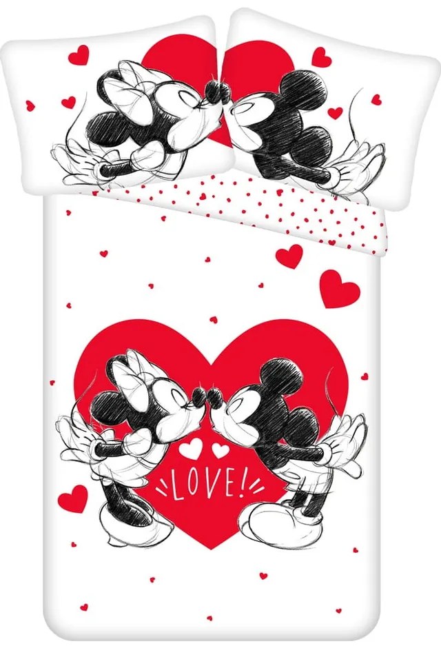 Червено-бяло единично памучно детско спално бельо 140x200 cm Mickey and Minnie "Love" – Jerry Fabrics