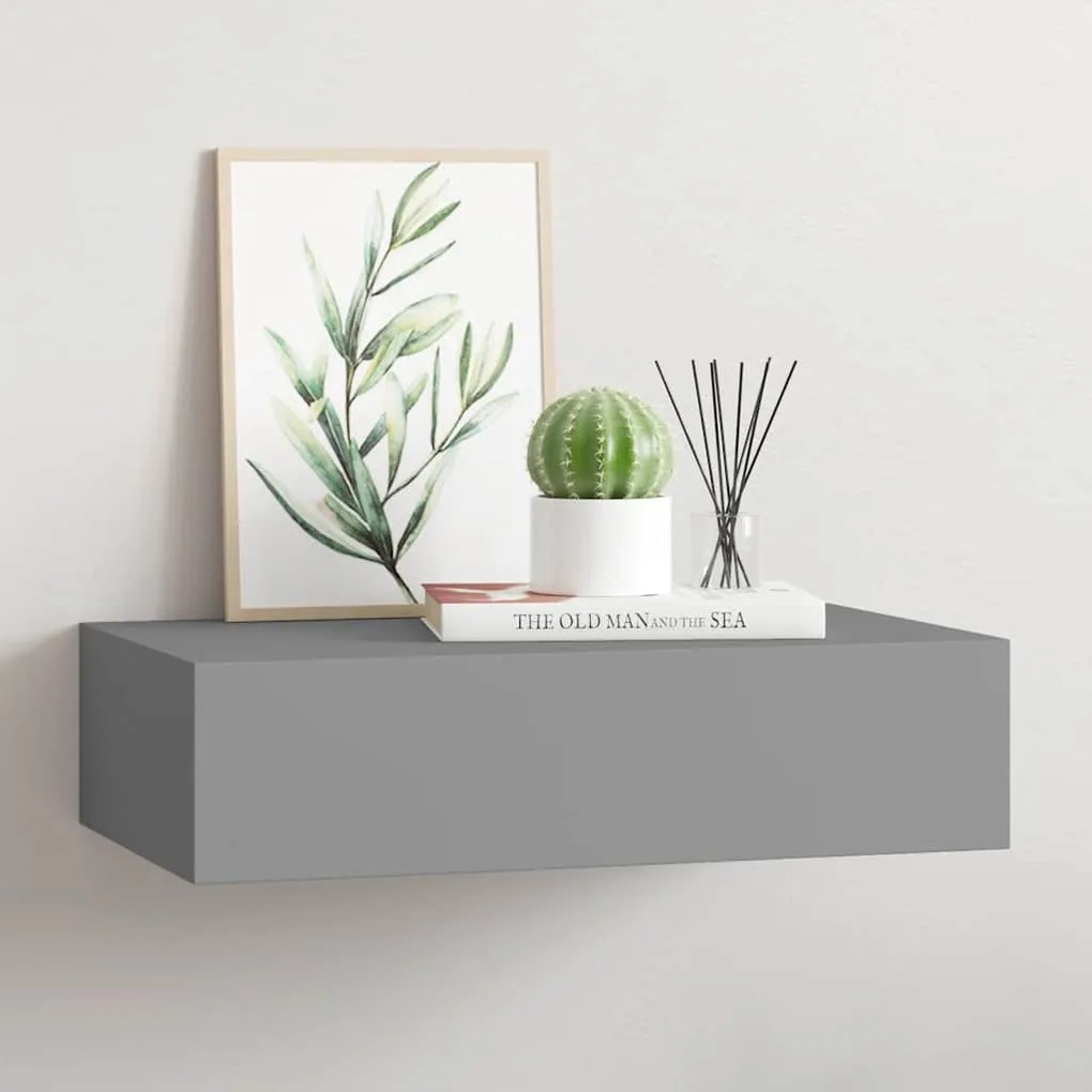 330245 vidaXL Стенен рафт с чекмедже, сив, 40x23,5x10 см, МДФ
