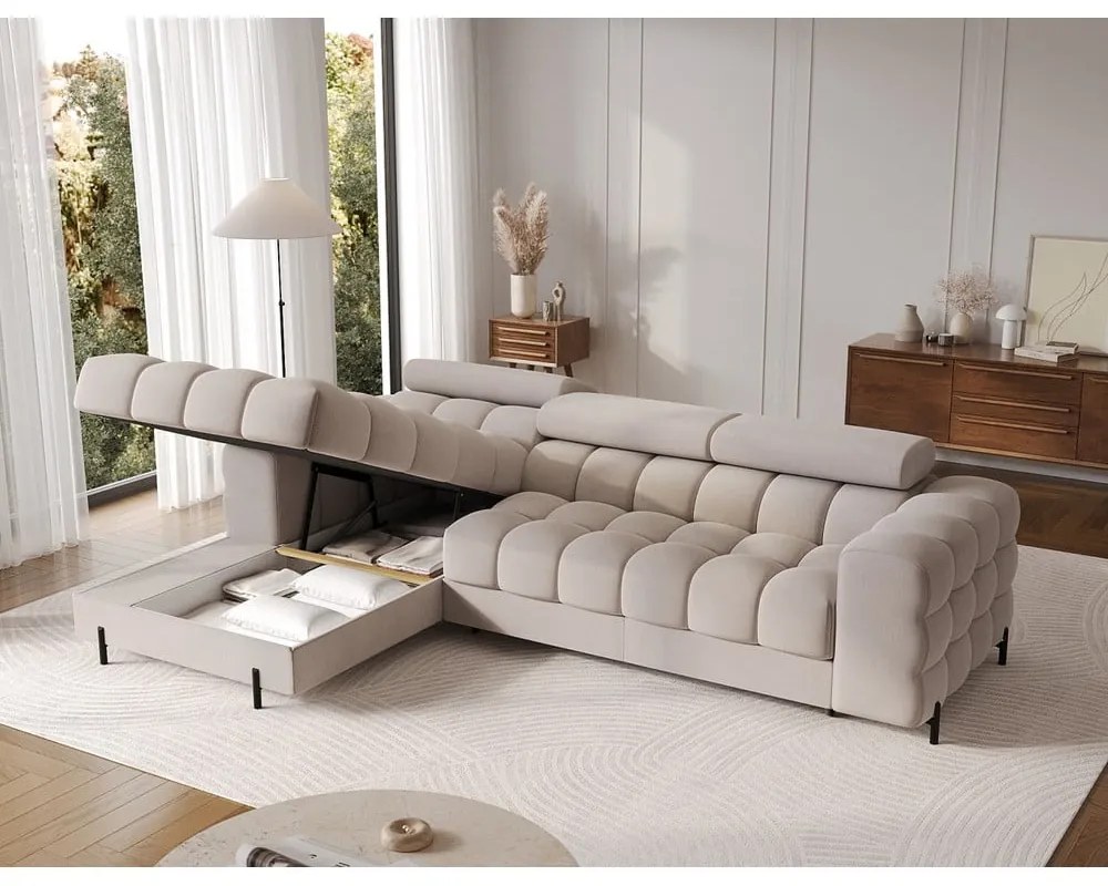 Бежов кадифен разтегателен ъглов диван с място за съхранение (ляв ъгъл) Felro – ELTAP