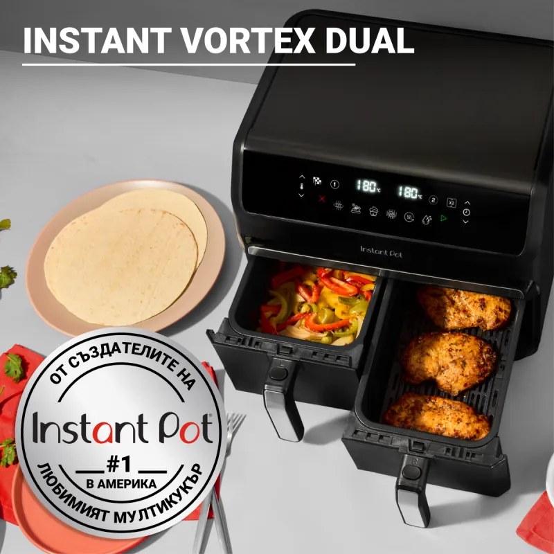 Двоен фритюрник с горещ въздух 8в1 Instant Pot Vortex DUAL INAFB91-BK, 1850W, 8 л, 205°C, EvenCrisp, Синхронизирано готвене, Сензорно управление, Черен/инокс