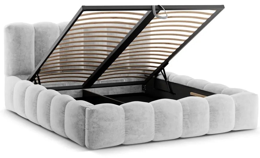 Светлосиво тапицирано двойно легло с място за съхранение с включена подматрачна рамка 200x200 cm Lupine – Micadoni Home