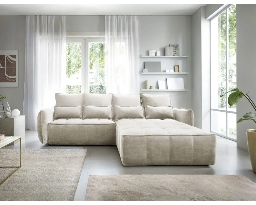 Бежов кадифен разтегателен ъглов диван с място за съхранение (десен ъгъл) Campo – ELTAP