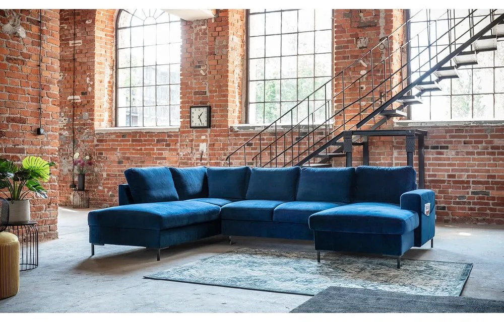 Морскосиньо кадифе, U-образен разтегателен диван, ляв ъгъл Lofty Lilly - Miuform