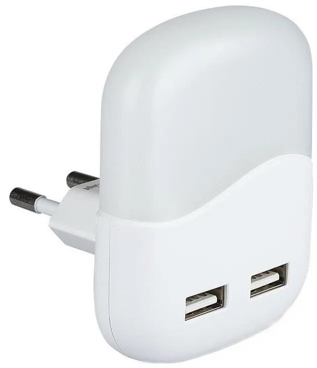 LED нощна лампа със сензор за здрач, 2xUSB, 0,45W, 230V, 4000K