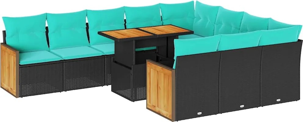 3327760 vidaXL Градински диван от 11части с възглавници черен полиратан акация