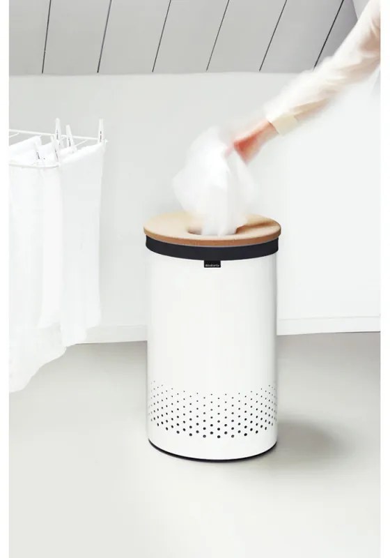 Кош за пране Brabantia 90300241, 60 л, Корков капак, Пълнене без отваряне, Вентилационни отвори, Бял