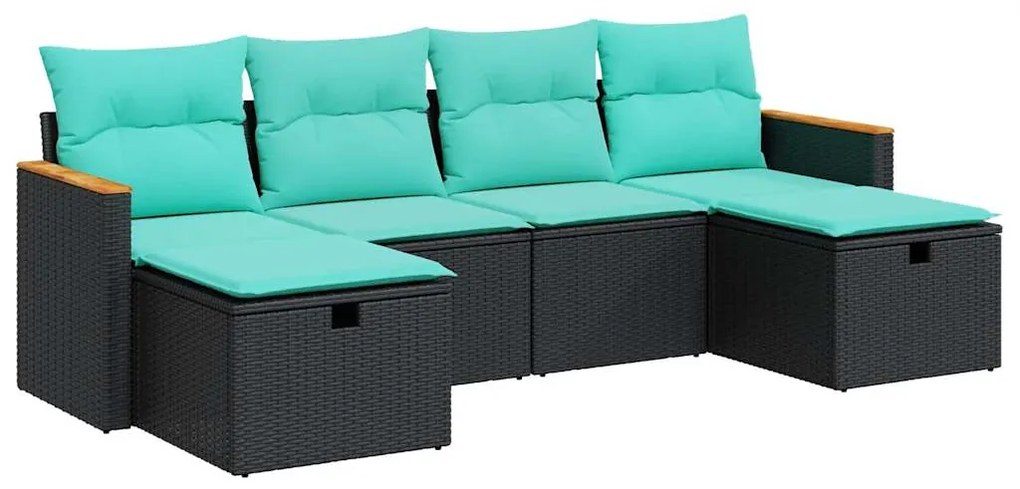 3325942 vidaXL Градински диван с възглавници, 6 части, черен, полиратан