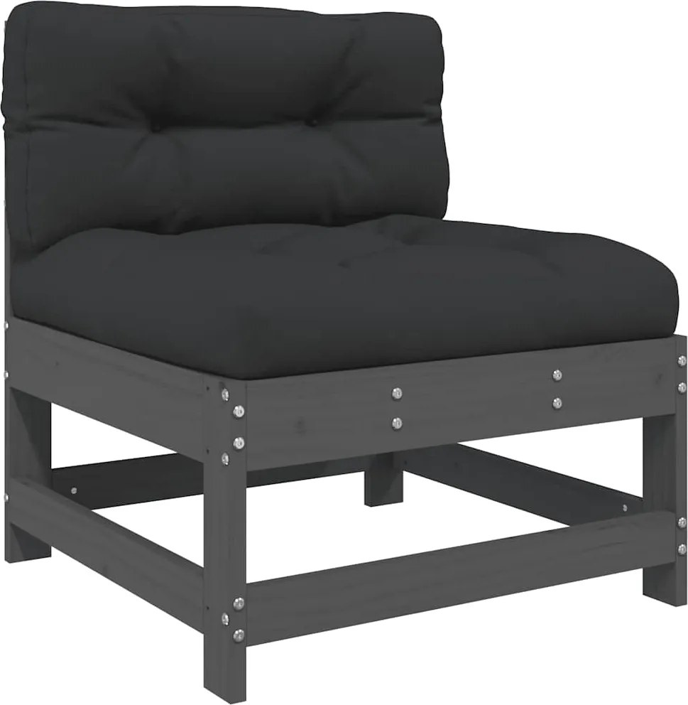 825550 vidaXL Среден диван с възглавници, сив, борово дърво масив