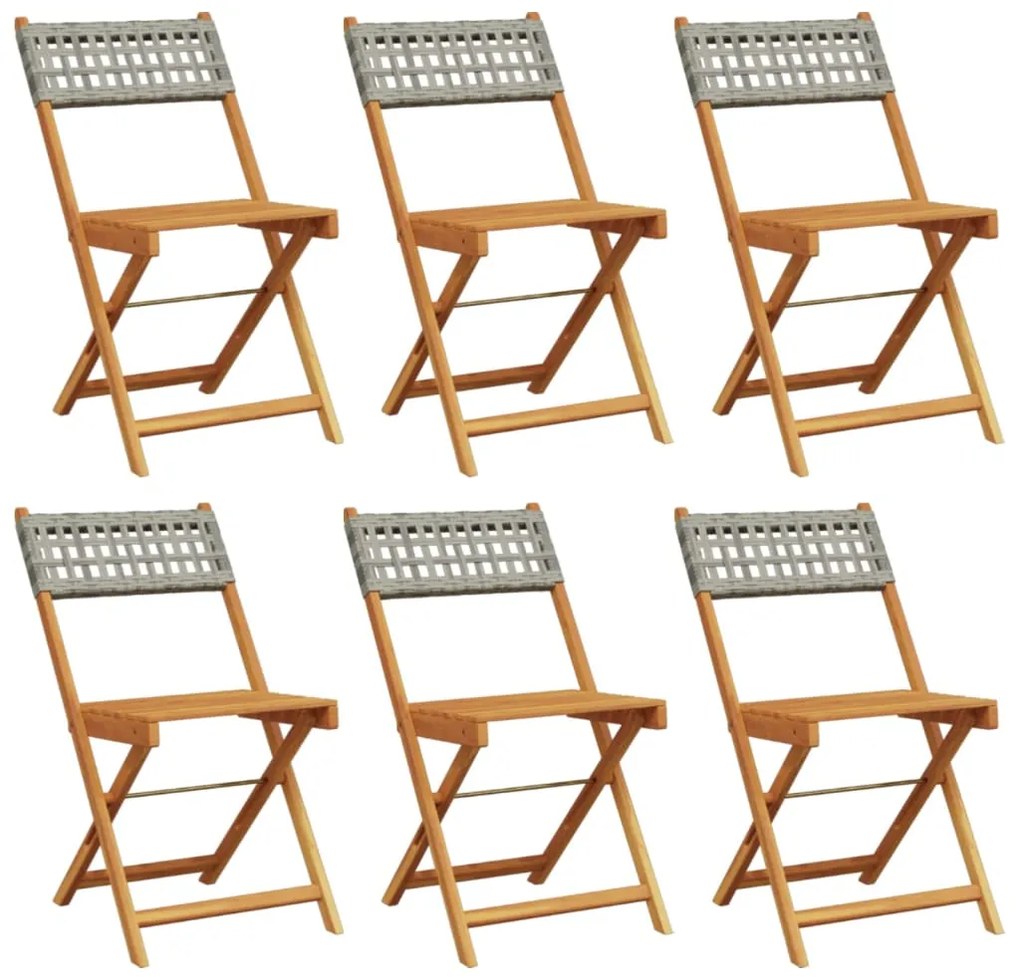 3214596 vidaXL Сгъваеми градински столове, 6 бр, сив, полиратан и дърво масив