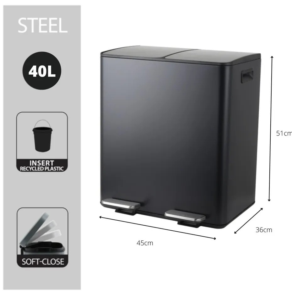 Матово черно стоманено кошче за боклук 2x20 l за рециклиране с педал Aliya – Spirella