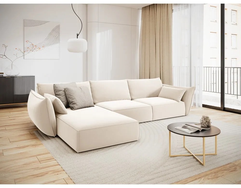 Бежов кадифен ъглов диван (ляв ъгъл) Vanda – Mazzini Sofas
