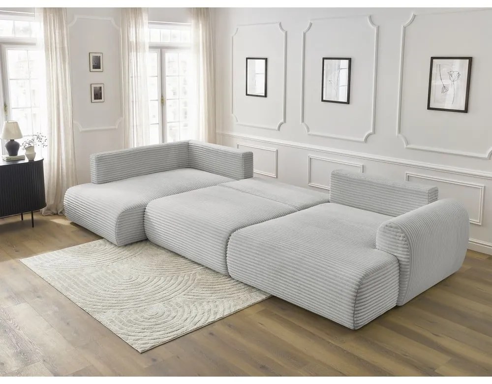 Светлосив сгъваем/с място за съхранение ъглов диван от рипсено кадифе (ляв ъгъл/U форма) Lucien – Bobochic Paris