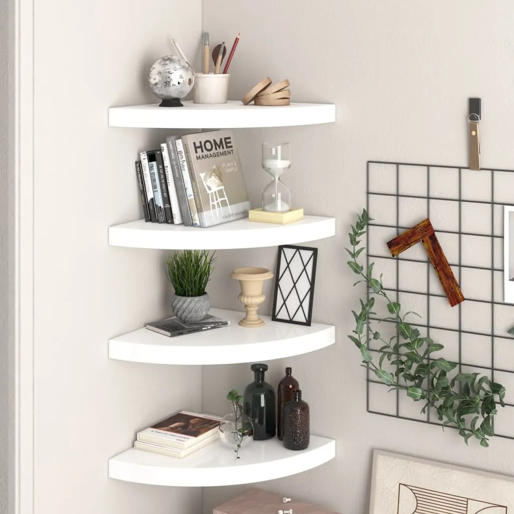 323909 vidaXL 323909  Floating Corner Shelves 4 pcs High Gloss White 35x35x3,8 cm MDF