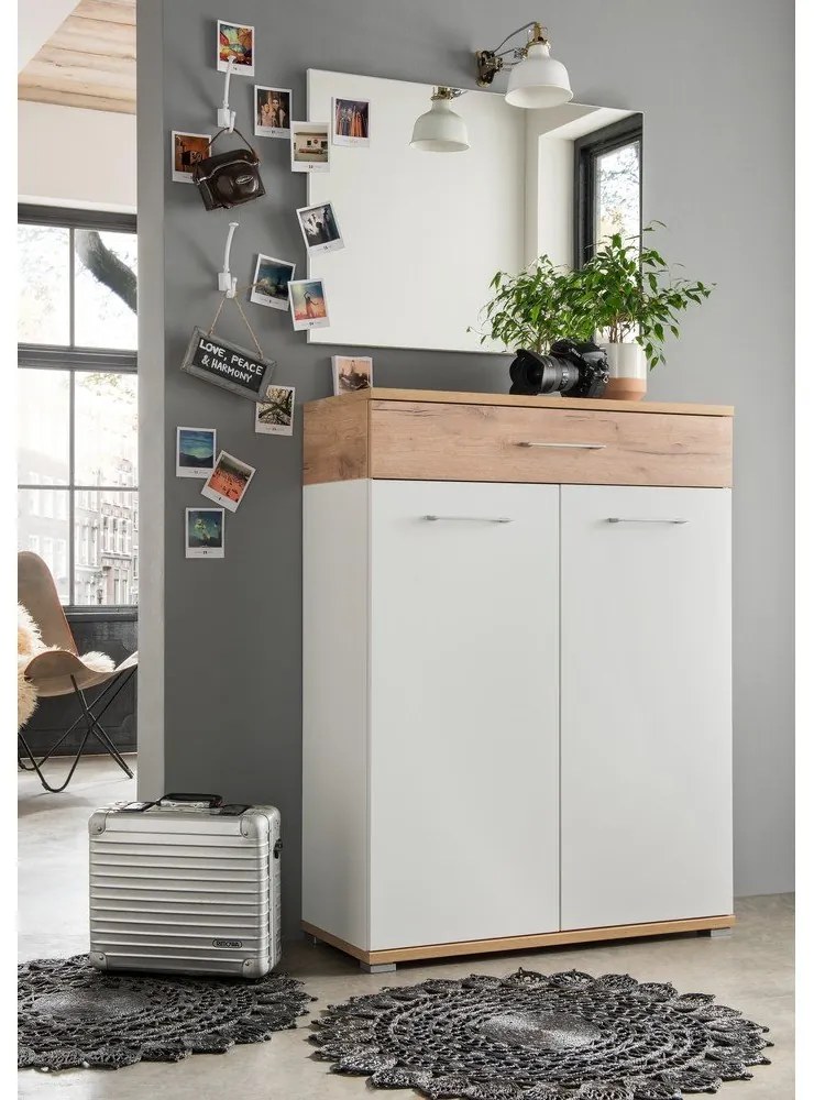 Дъбов шкаф за обувки с чекмеджета в бял\естествен цвят Topix - Germania