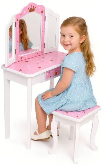 Детска козметична масичка с тройно огледало и табуретка