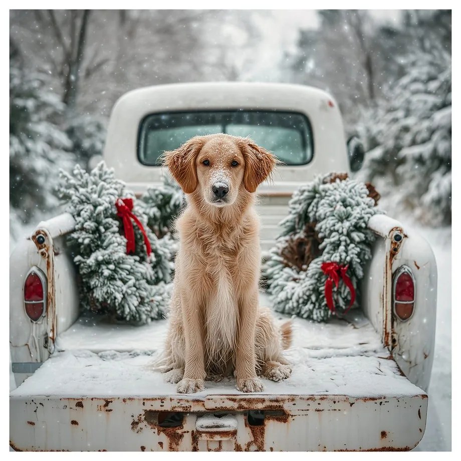 Картина на платно Коледна – Сладко позиращо куче