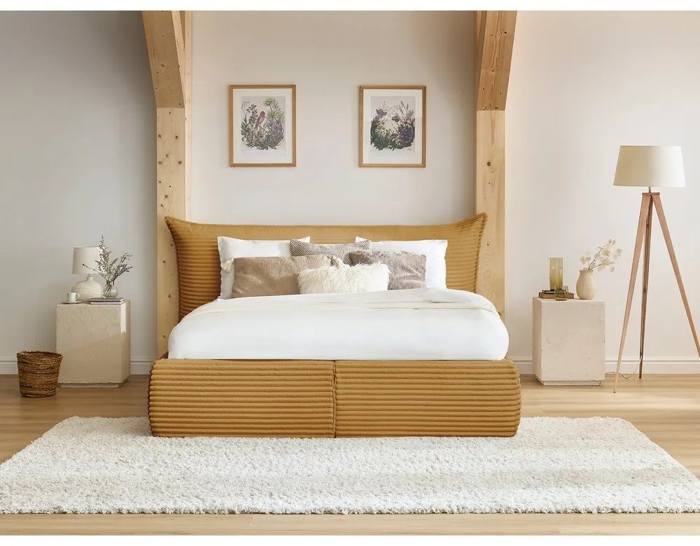 Жълто двойно тапицирано легло с място за съхранение с включена подматрачна рамка 160x200 cm Jade – Bobochic Paris