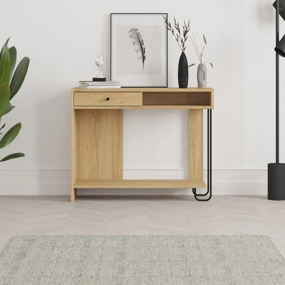 Конзолна маса с плот в дъбов декор в естествен цвят 35x100 cm Saturne - Marckeric