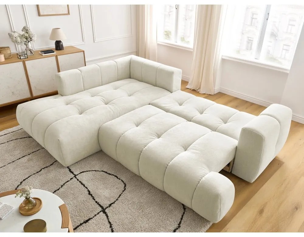 Бежов сгъваем/с място за съхранение ъглов диван (ляв ъгъл/L форма) Fuji – Bobochic Paris