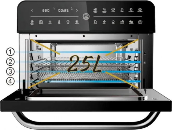 Мултифункционална фурна с горещ въздух ZEPHYR ZP 1441 V Deluxe  ZEPHYR, 25 литра, 1800W, 12 функции, Таймер, Черен - Black