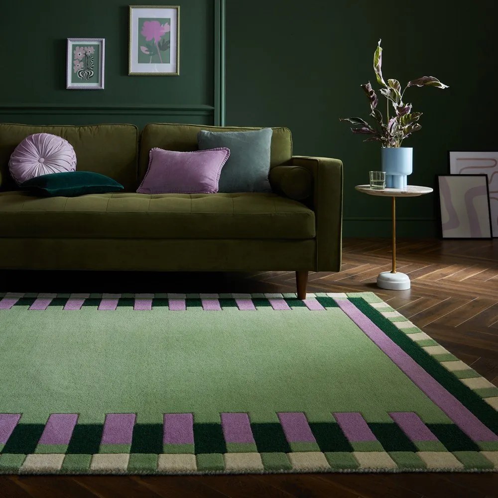 Зелено-лилав ръчно изработен вълнен килим 120x170 cm Kai Wool Border – Flair Rugs