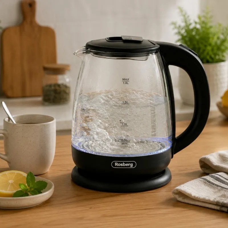 Електрическа кана за вода Rosberg R51230AE, 1500W, 1.8 л, Вграден нагревател, Стъкло, Индикатор, Черен