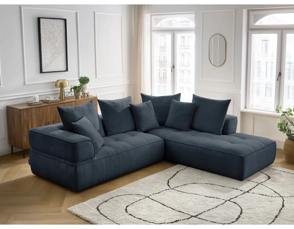 Тъмносин шенилов ъглов диван (десен ъгъл/L форма) Whesley – Bobochic Paris