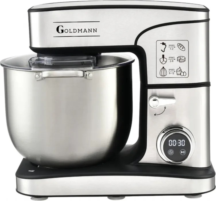 Планетарен миксер Goldmann GM-1115DP, 3500W, 16 л, 6 скорости + импулси, Таймер, Иноксова купа, LED, Инокс