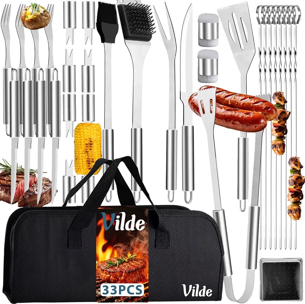 Комплект аксесоари за барбекю в калъф, 33 части от неръждаема стомана