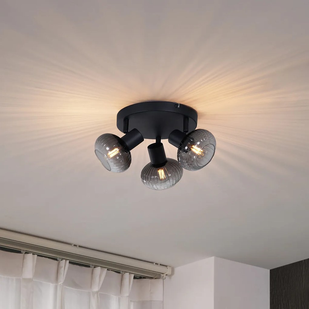 Модерен таванен прожектор черен с кръгло опушено стъкло 3-светлина - Теди