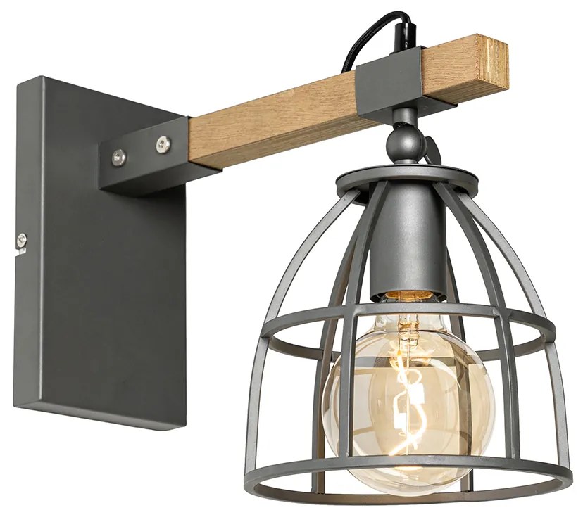 Индустриален стенен аплик тъмно сив с дърво регулируем - Arthur