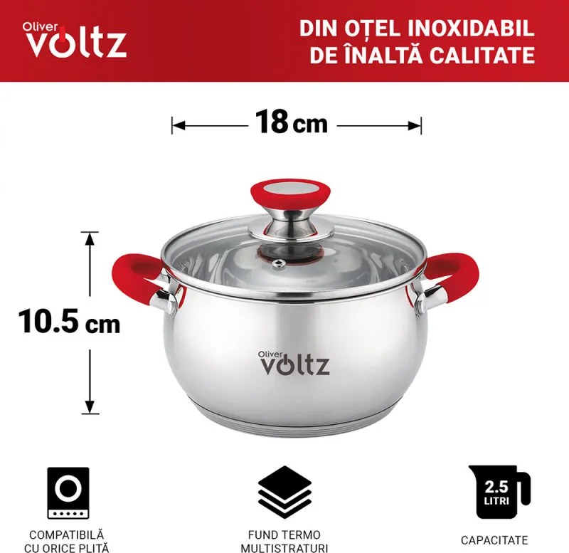 Втора ръка: Тенджера Oliver Voltz OV51210N18, 18см, 2.5 л, Индукция, Силиконови дръжки, Инокс/червен