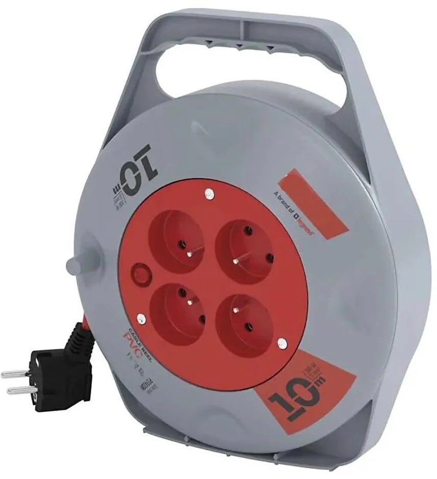 Удължител на макара с 4 гнезда 10m сив/червен